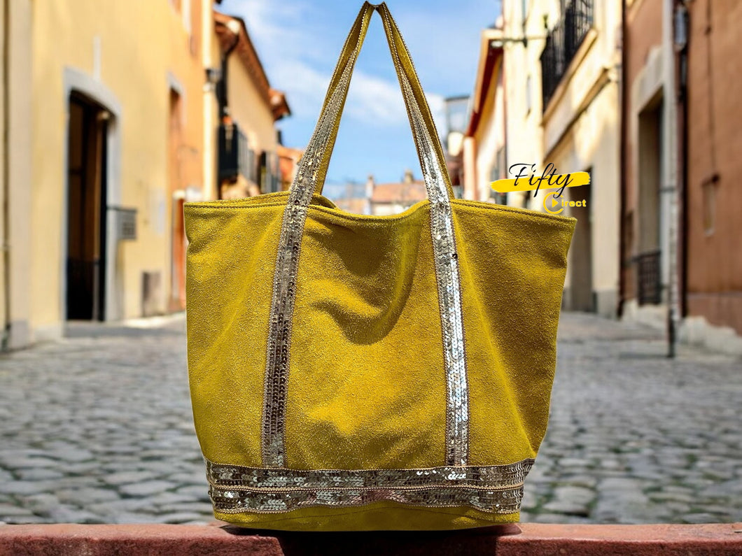 Sac cabas en cuir avec bandes pailletées