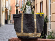 Charger l&#39;image dans la galerie, Sac cabas en cuir avec bandes pailletées
